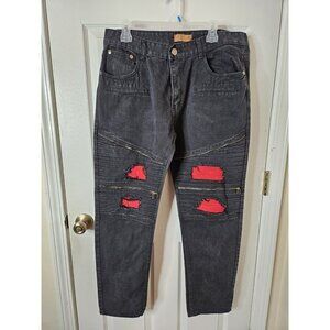 1738 Dynasty Black Cotton Mens Jeans Sz 38x30 Distressed Motorcycle Zipper